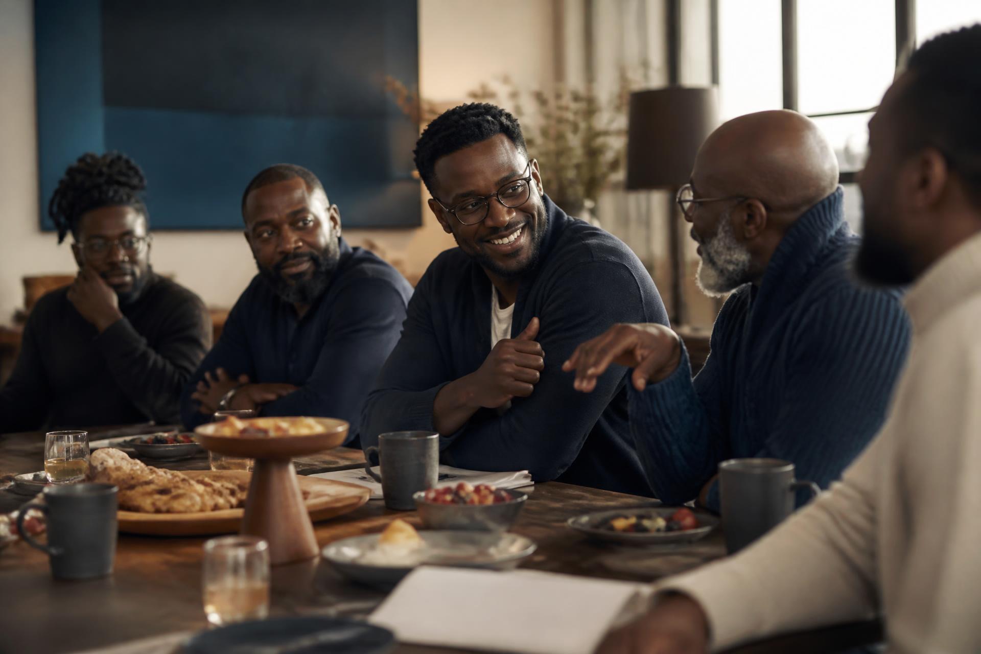 Men from different backgrounds sharing breakfast and conversation